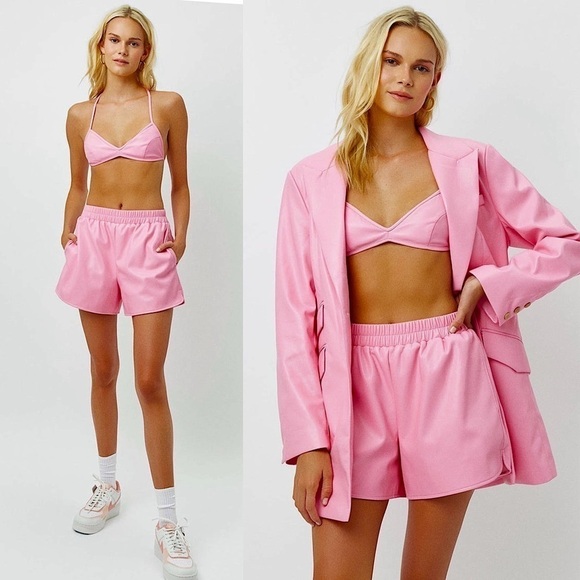 NWT FRANKIES BIKINIS Bubblegum Pink Vegan Leather High Waisted Pull On Shorts M - Picture 1 of 10